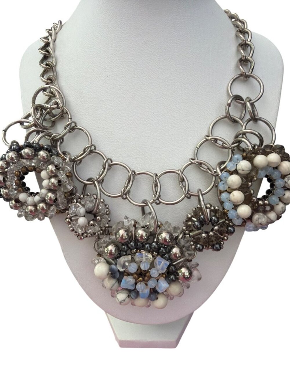 Vintage Y2K Pam Hiran Anthropologie Statement Necklace Silver Glass Beads Bib